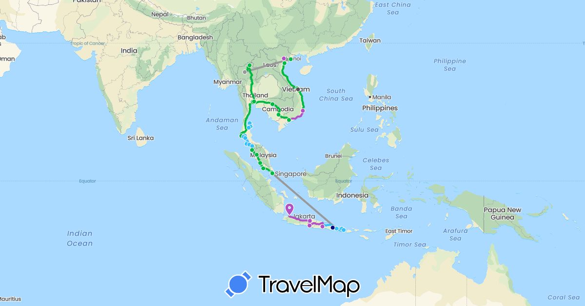 TravelMap itinerary: driving, bus, plane, train, boat, motorbike in Austria, Indonesia, Cambodia, Malaysia, Singapore, Thailand, Vietnam (Asia, Europe)